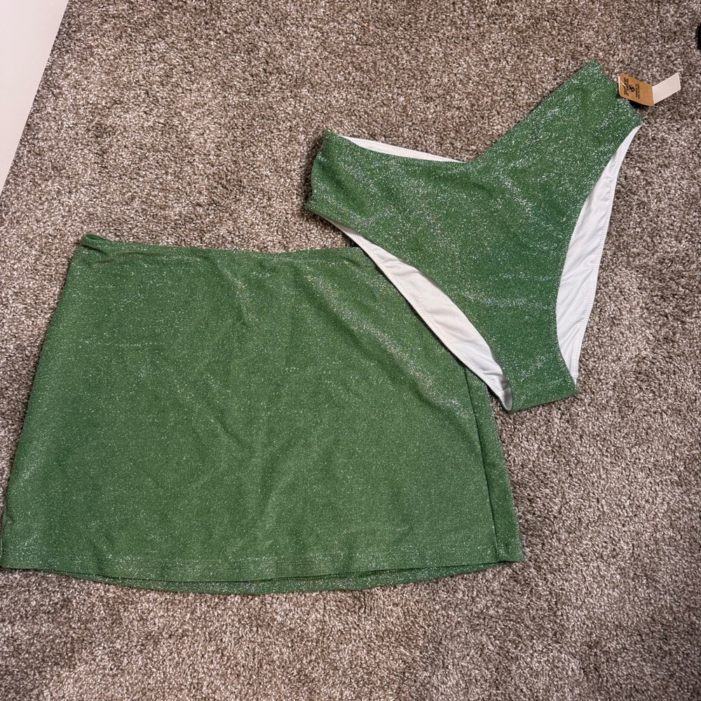 Pink Glittery Green Bikini Set with Skirt